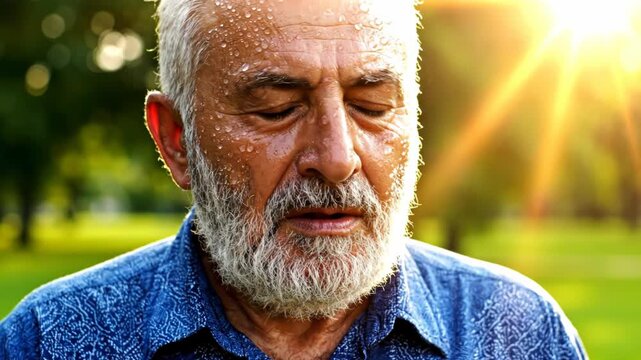 Elderly man wiping sweat from his face on a hot day