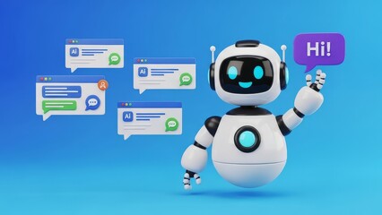 Friendly robot with blue eyes holding a purple speech bubble greeting on a gradient blue background with chat windows