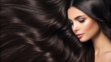 Naklejka premium Woman with dark long hair positioned beside her smooth hair on a plain background