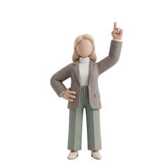3D Clay Faceless Female Mascot Pointing Up New Announcement Gesture, Transparent PNG
