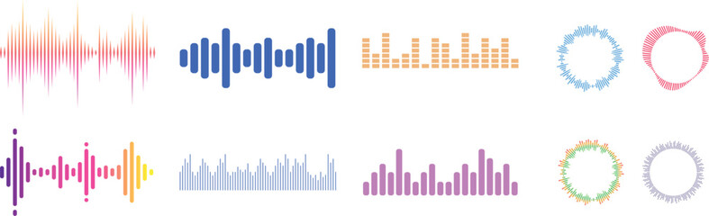Sound Waves Icon set. Sound waves, equalizer, audio waves, radio signal, music recording. Vector illustration featuring sound wave elements, music equalizer shapes, and song track amplitude graphics. © ZK Vectors