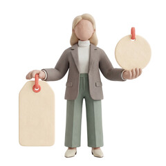 3D Clay Faceless Female Mascot Holding Two Blank Tags Promo Options, Isolated PNG