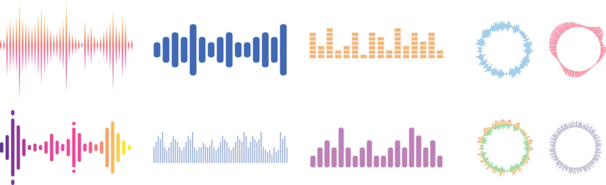 Sound Waves Icon set. Sound waves, equalizer, audio waves, radio signal, music recording. Vector illustration featuring sound wave elements, music equalizer shapes, and song track amplitude graphics.