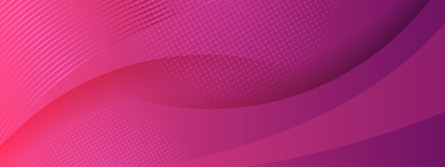 Modern magenta abstract background with dynamic curved shapes halftone dot patterns and diagonal lines
