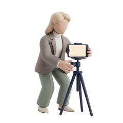 3D Clay Faceless Female Mascot Filming Setup with Tripod and Phone, Blank Screen, PNG