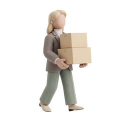 3D Clay Faceless Female Mascot Carrying Two Shipping Boxes, Busy Order Fulfillment, PNG