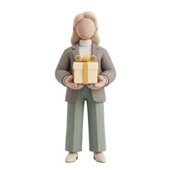 3D Clay Faceless Female Mascot Holding Blank Gift Box Thank You Gift Vibe, Transparent PNG