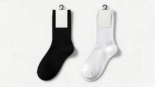 Hanging black and white socks mockup with blank tags on plain background