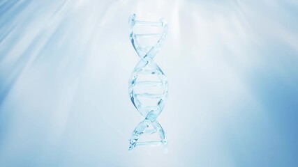 Abstract 3D animation of a glass-like DNA strand rotating slowly against a soft blue gradient background with ethereal light rays - Powered by Adobe
