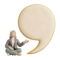3D Clay Faceless Female Mascot Sitting Beside Huge Blank Speech Bubble, Review Copy Space, PNG