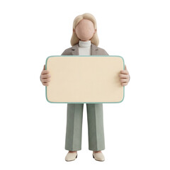 3D Clay Faceless Female Mascot Holding Large Blank FAQ Info Card Centered, Copy Space PNG