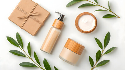 Natural skincare products arranged with packaging and leaves on a plain background during daylight hours
