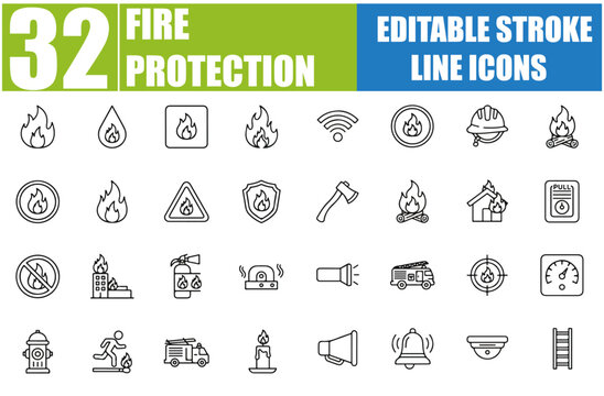 Set of 32 Outline Icons Related to Fire Protection - Linear Icon Collection with Editable Stroke for Vector Illustration - SEO Optimized and Top Ranked on Adobe Stock and Shutterstock