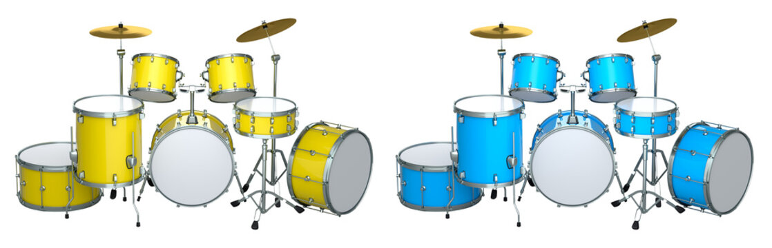 Set of realistic drums with metal cymbals or drumset on white background