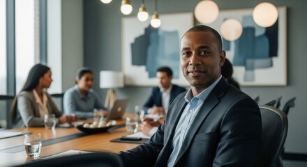 Fototapeta premium Confident African American businessman in a suit leading a meeting in a modern boardroom, colleagues blurred in background, atmosphere, business concept, modern, corporate