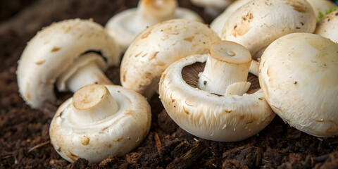 Mushrooms grow in soil under natural light near a garden during the day