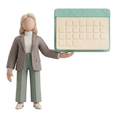 3D Clay Faceless Female Mascot Presenting Blank Calendar Shipping Info Clean Layout, PNG