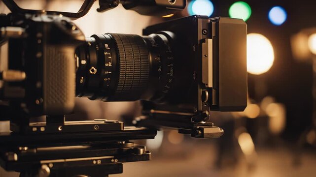 Professional camera on set with lighting equipment