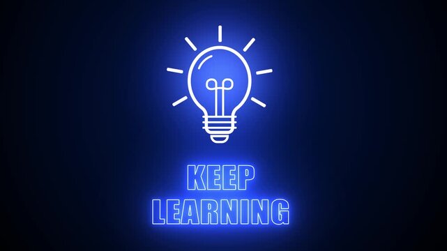 Keep learning text with blue neon light bulb icon on dark background, representing academic persistence, personal growth and continuous self improvement