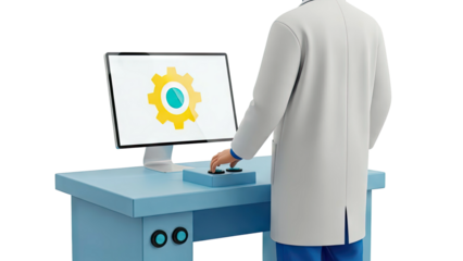 Scientist using computer with gear icon