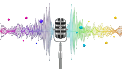 Retro Microphone with Rainbow Sound Waves and Bubbles