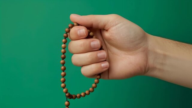 Close-up of a Hand Holding Wooden Prayer Beads, Symbolizing Spirituality and Meditation on a Vibrant Green Background