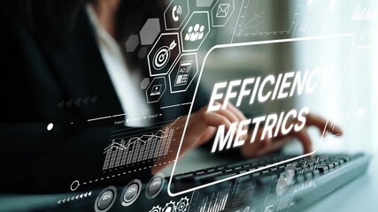 Business professional analyzing efficiency metrics data on a transparent screen with digital displays and graphs. Asymptotic smart data analytic. - Powered by Adobe