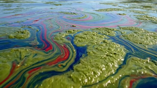 Vibrant algae bloom creates a swirling tapestry of color on water surface, showcasing nature's dynamic patterns.