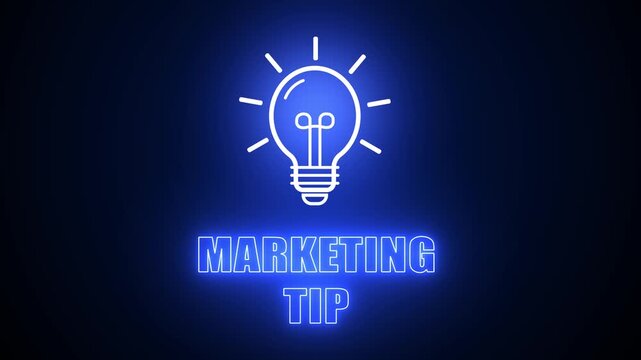 Marketing tip text with blue glowing neon light bulb icon on dark background, representing business growth advice, digital sales strategy and branding tips