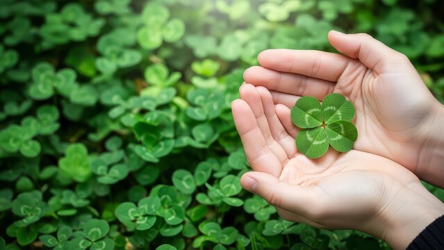 Person holding a four leaf clover in their hands with a lush green clover field background symbolizing luck and nature