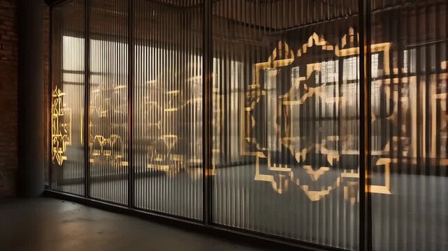Traditional pattern projection merging with reeded glass texture creating cultural moir&eacute; effect in modern loft. Realistic sophisticated global commercial.