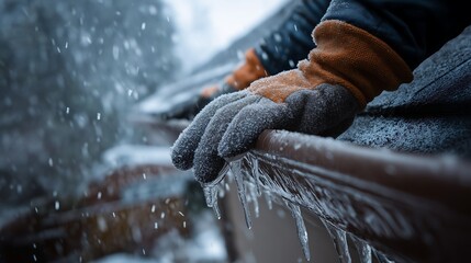 Gloved hands clearing ice from a roof gutter in winter. Cold weather home maintenance, repair, and installation work on frozen house drainage system