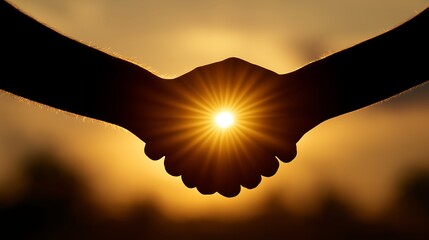 Handshake silhouette with bright sunburst, symbolizing partnership, success, and new beginnings