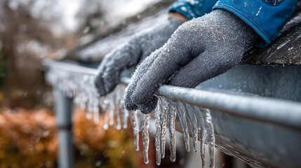 Gloved hands clearing ice from a roof gutter in winter. Cold weather home maintenance, repair, and installation work on frozen house drainage system