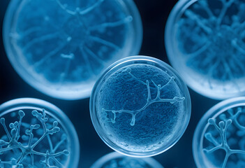 Microorganisms growing in multiple petri dishes for scientific research