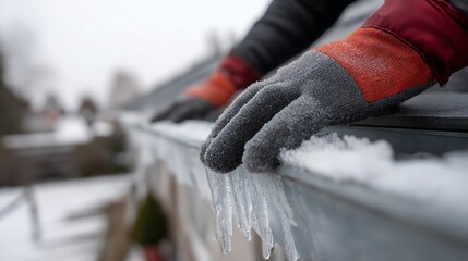 Gloved hands clearing ice from a roof gutter in winter. Cold weather home maintenance, repair, and installation work on frozen house drainage system