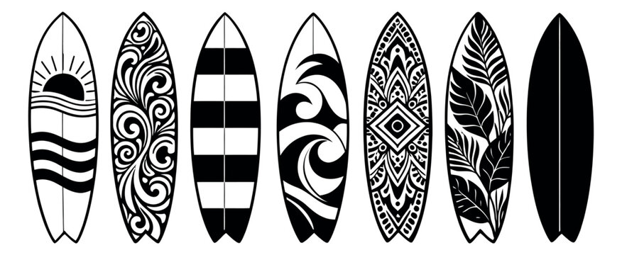 Graphic line art surfboard set featuring various patterns for summer sports and beach activities