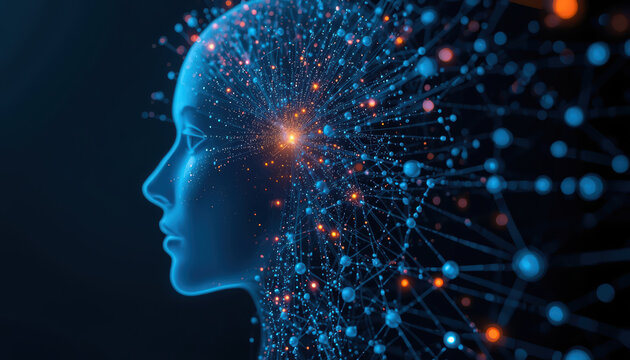 Blue neural network profile with glowing nodes and connections conveying technological insight