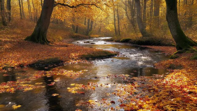 Sunlit Forest Stream Flowing Through a Tranquil Autumn Landscape with Vibrant Orange and Yellow Fallen Leaves