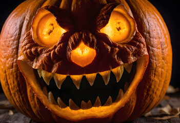 Scary carved halloween pumpkin jack o' lantern glowing ominously