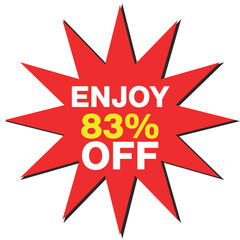 Red starburst with white text saying Enjoy 83% Off on white background sale discount