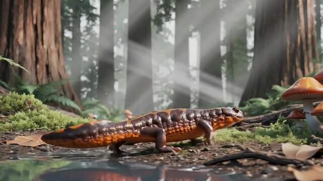 Salamander walks near forest water puddle,moss,newt