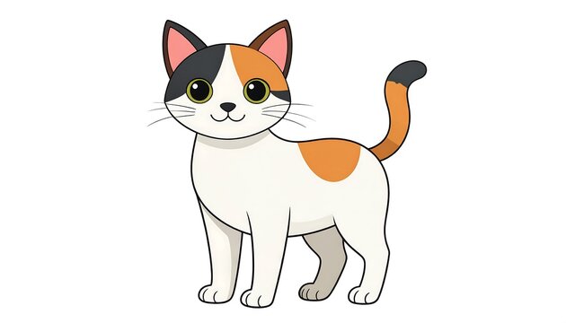 A cartoon-style illustration of a white cat with orange and black markings