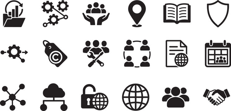 Commons icon set with universal symbols for sharing, community, public resources, web, and interface design.