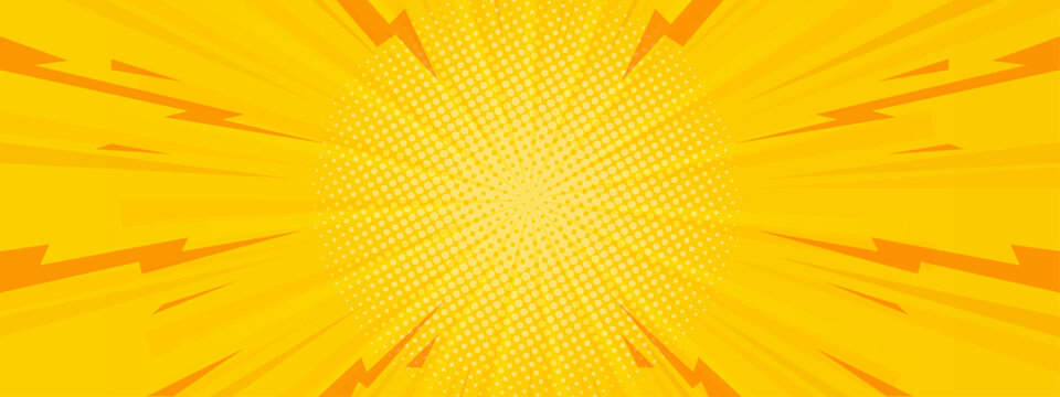 Dynamic yellow and orange background with radial sunburst rays lightning bolts and halftone dot pattern in comic book style