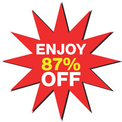 Red starburst with white text enjoy 87 percent off and yellow 87 percent sale discount