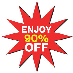 Red starburst with white text enjoy 90 percent off and yellow 90 percent sale discount