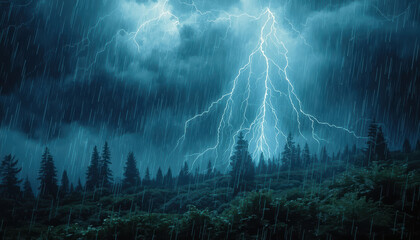 Storm lightning over dark forest with heavy rain and dramatic clouds, tense atmosphere
