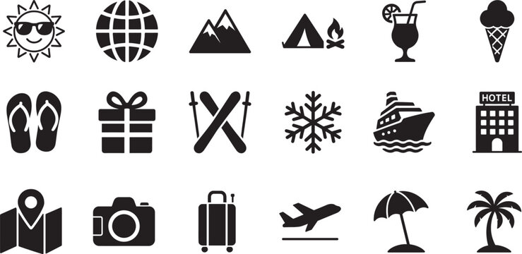 Holiday icon set with travel, vacation, beach, hotel, and leisure symbols for web, app, and print design.