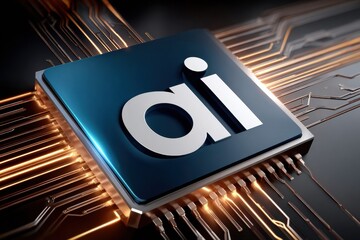 Futuristic artificial intelligence chip on blue circuit board representing technology and innovation in the digital era